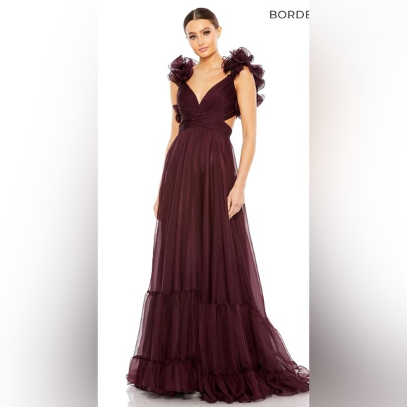 NWT | Mac Duggal Bordeaux 67911 Ruffle Tiered Cut-Out Chiffon Gown Size 8 - Picture 4 of 14